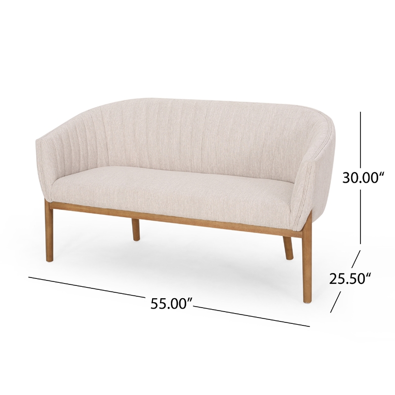 Benjara Fery Loveseat- Beige Fabric Channel Stitched Back- Brown Wood 55 Inch
