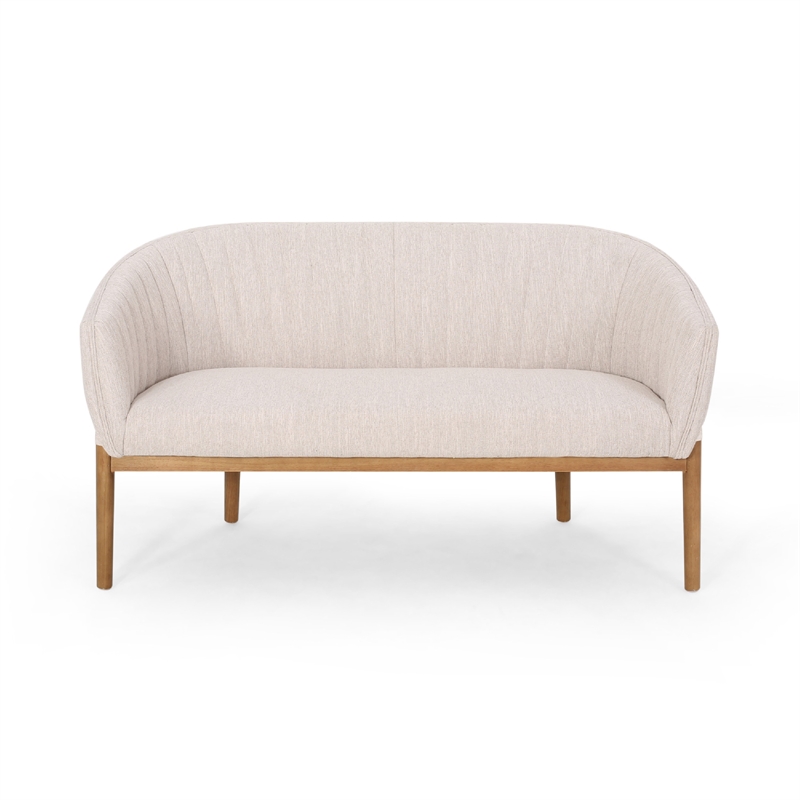 Benjara Fery Loveseat- Beige Fabric Channel Stitched Back- Brown Wood 55 Inch