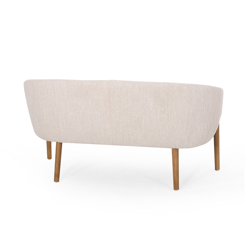 Benjara Fery Loveseat- Beige Fabric Channel Stitched Back- Brown Wood 55 Inch