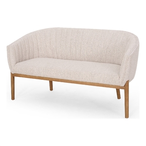 Benjara Fery Loveseat- Beige Fabric Channel Stitched Back- Brown Wood 55 Inch