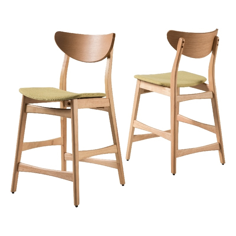 Benjara Zily Counter Height Chairs Set of 2- Green Seat- Natural Brown Wood