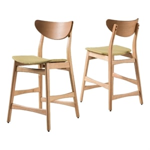 Benjara Zily Counter Height Chairs Set of 2- Green Seat- Natural Brown Wood