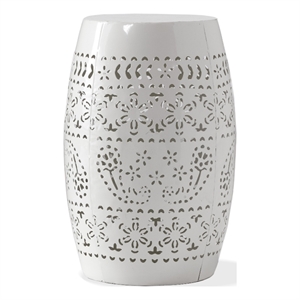 Benjara Outdoor Side Table- Lace Cut- 12&quot Round Top w White Barrel Base