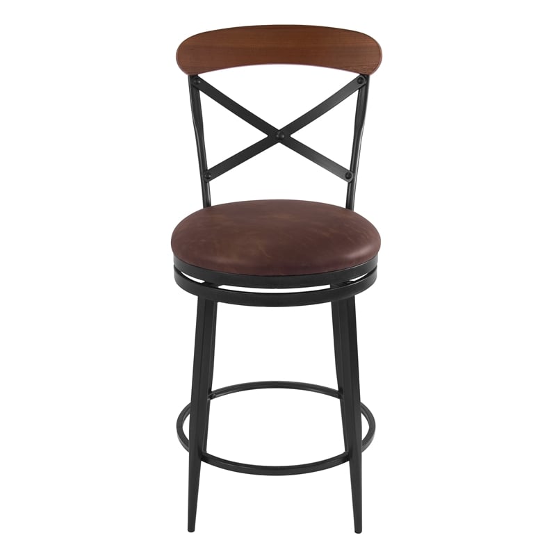 Benjara Swivel Counter Stool Chair- Industrial Black Metal- Brown Faux Leather