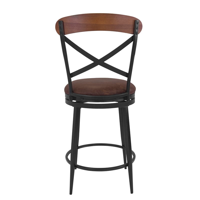 Benjara Swivel Counter Stool Chair- Industrial Black Metal- Brown Faux Leather