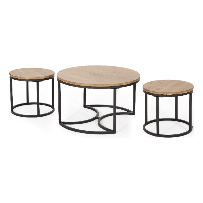 Benjara Gery 3pc Nesting Coffee and End Table Set- Brown Wood- Black Metal