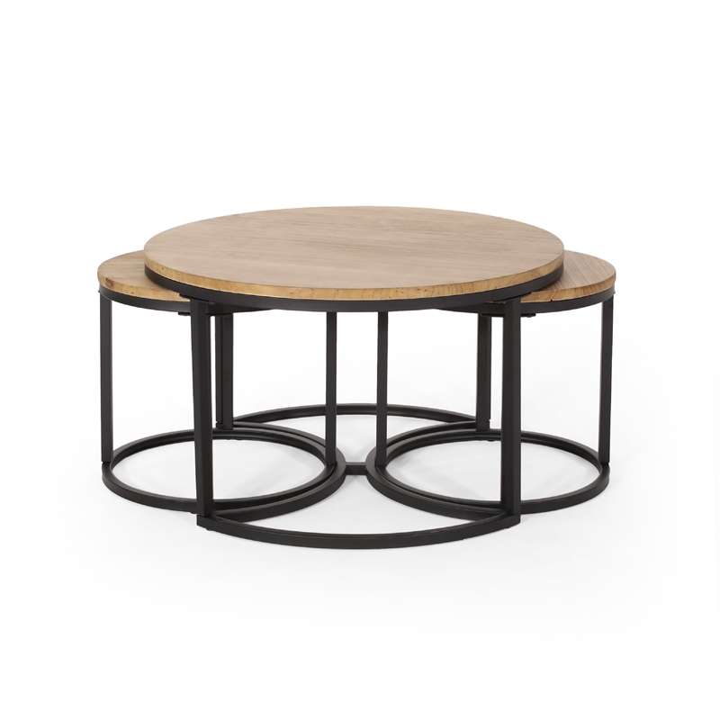 Benjara Gery 3pc Nesting Coffee and End Table Set- Brown Wood- Black Metal