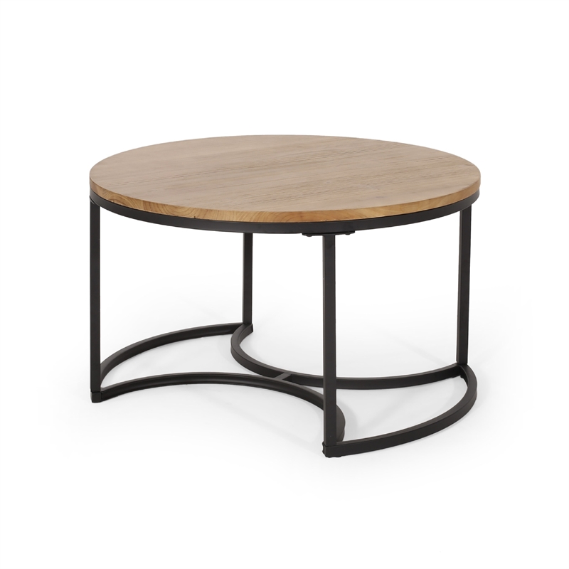 Benjara Gery 3pc Nesting Coffee and End Table Set- Brown Wood- Black Metal