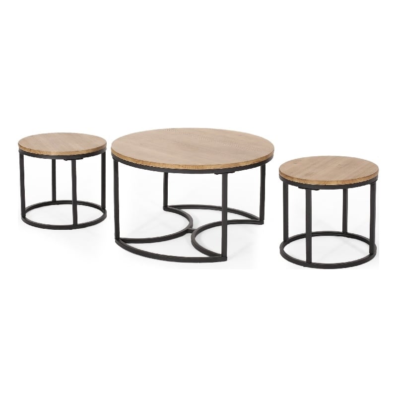 Benjara Gery 3pc Nesting Coffee and End Table Set- Brown Wood- Black Metal