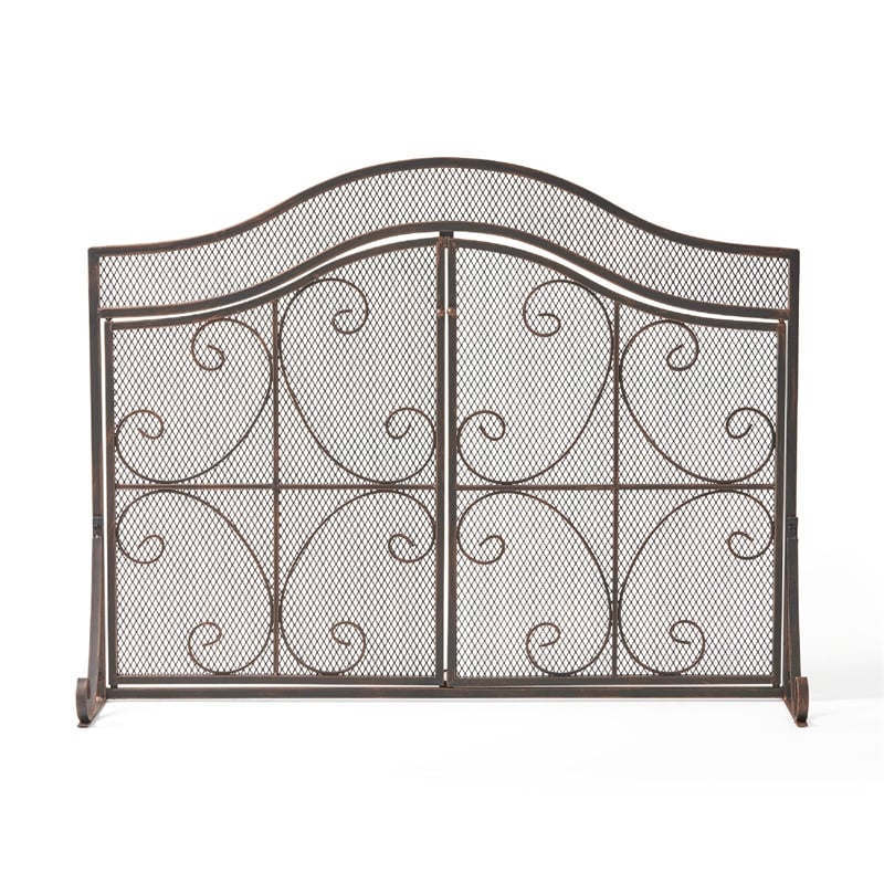 Benjara Fireplace Screen- 3 Panels 2 Doors- Black Copper Diamond Mesh Scrolled