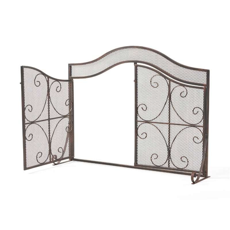 Benjara Fireplace Screen- 3 Panels 2 Doors- Black Copper Diamond Mesh Scrolled