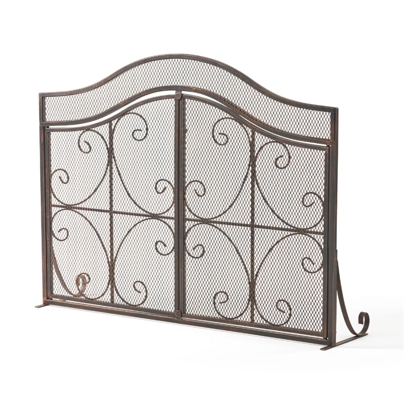 Benjara Fireplace Screen- 3 Panels 2 Doors- Black Copper Diamond Mesh Scrolled