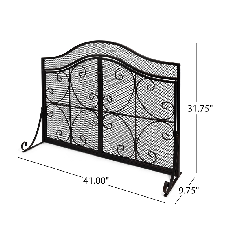 Benjara Fireplace Screen- 3 Panels 2 Doors- Black Copper Diamond Mesh Scrolled