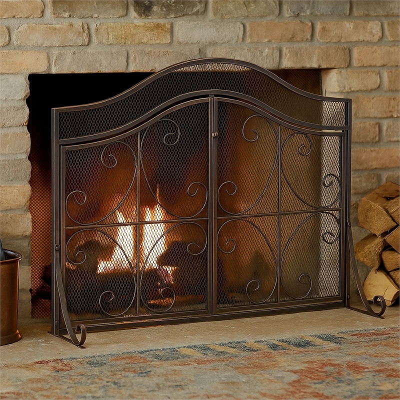 Benjara Fireplace Screen- 3 Panels 2 Doors- Black Copper Diamond Mesh Scrolled