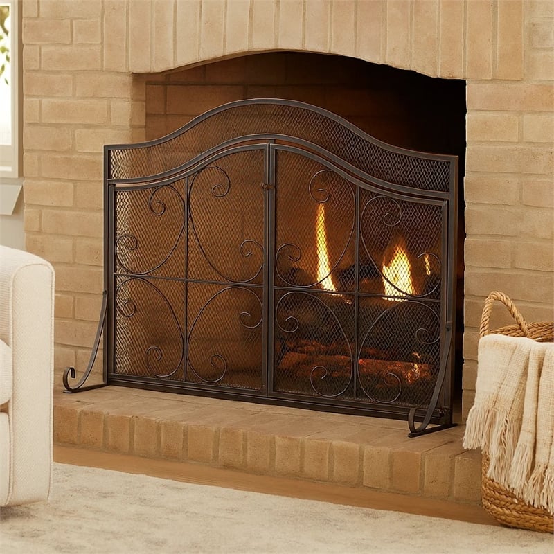 Benjara Fireplace Screen- 3 Panels 2 Doors- Black Copper Diamond Mesh Scrolled