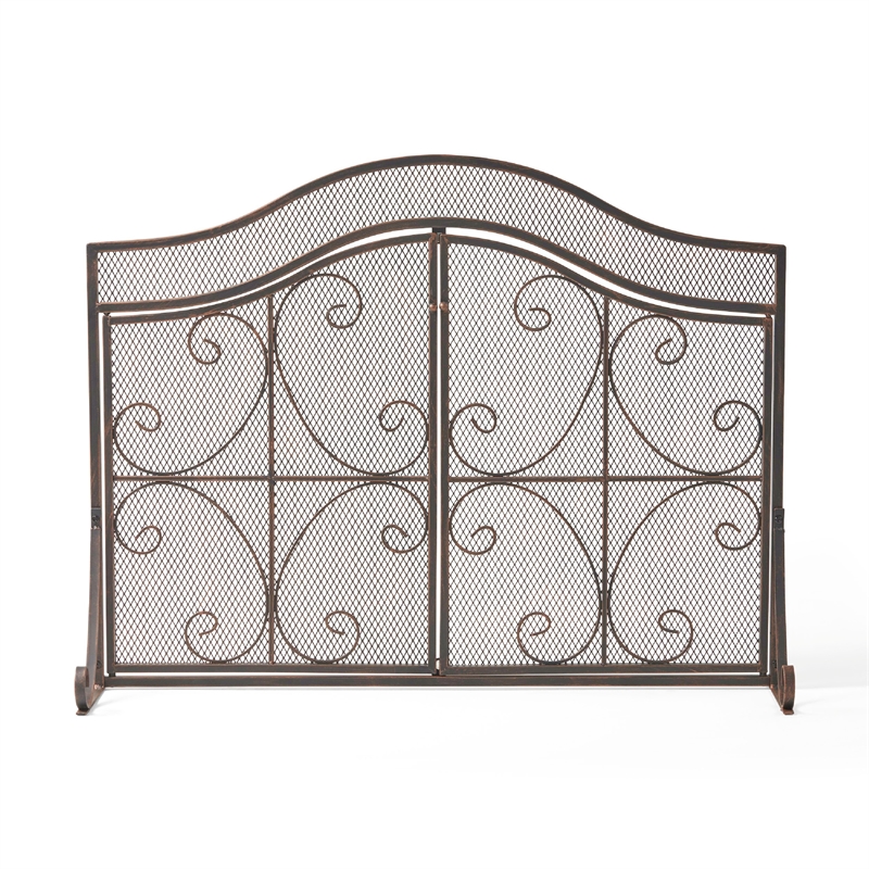 Benjara Fireplace Screen- 3 Panels 2 Doors- Black Copper Diamond Mesh Scrolled