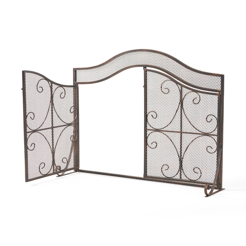 Benjara Fireplace Screen- 3 Panels 2 Doors- Black Copper Diamond Mesh Scrolled