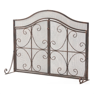 Benjara Fireplace Screen- 3 Panels 2 Doors- Black Copper Diamond Mesh Scrolled
