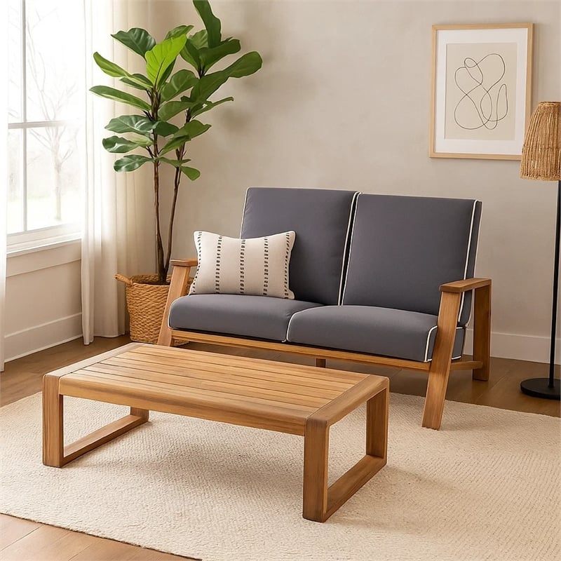 Benjara Eddy 2pc Patio Loveseat and Coffee Table Set- Brown Acacia Wood- Gray