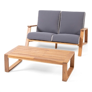 Benjara Eddy 2pc Patio Loveseat and Coffee Table Set- Brown Acacia Wood- Gray