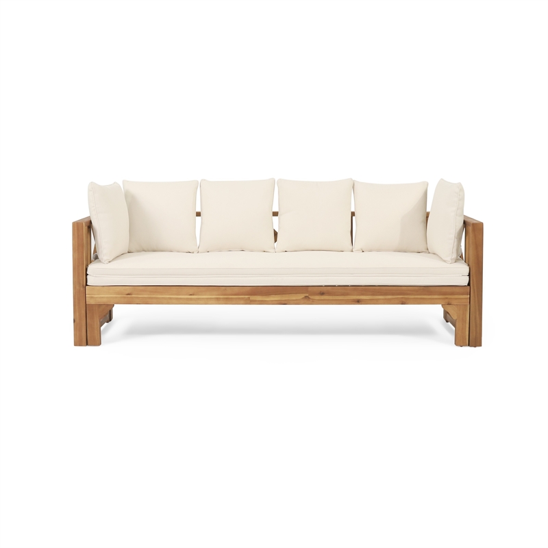 Benjara Outdoor Daybed Sofa- 79 Inch- Brown Acacia Wood Frame- Cream Cushions
