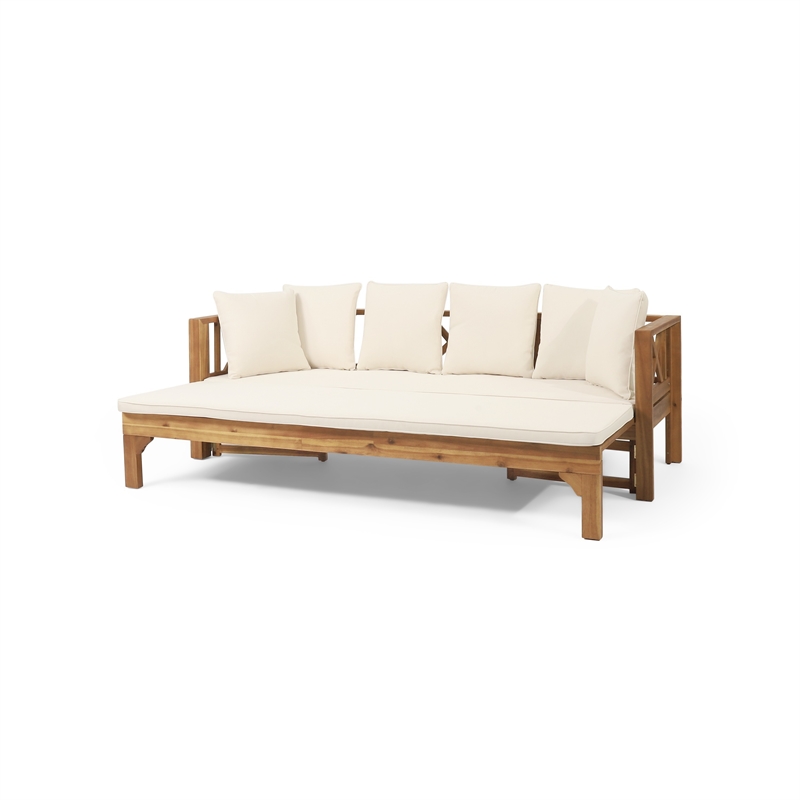 Benjara Outdoor Daybed Sofa- 79 Inch- Brown Acacia Wood Frame- Cream Cushions