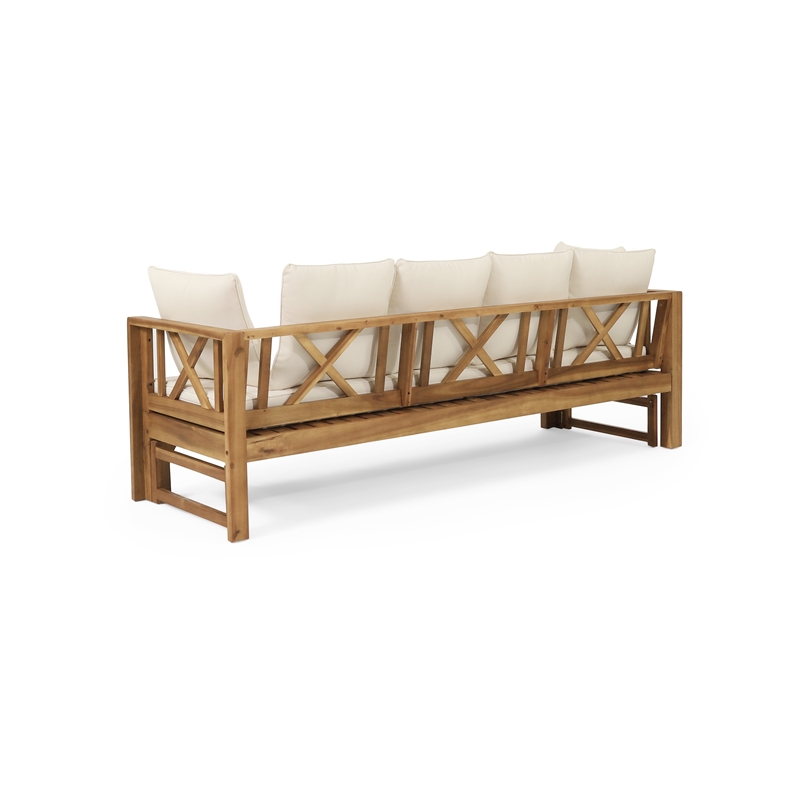 Benjara Outdoor Daybed Sofa- 79 Inch- Brown Acacia Wood Frame- Cream Cushions
