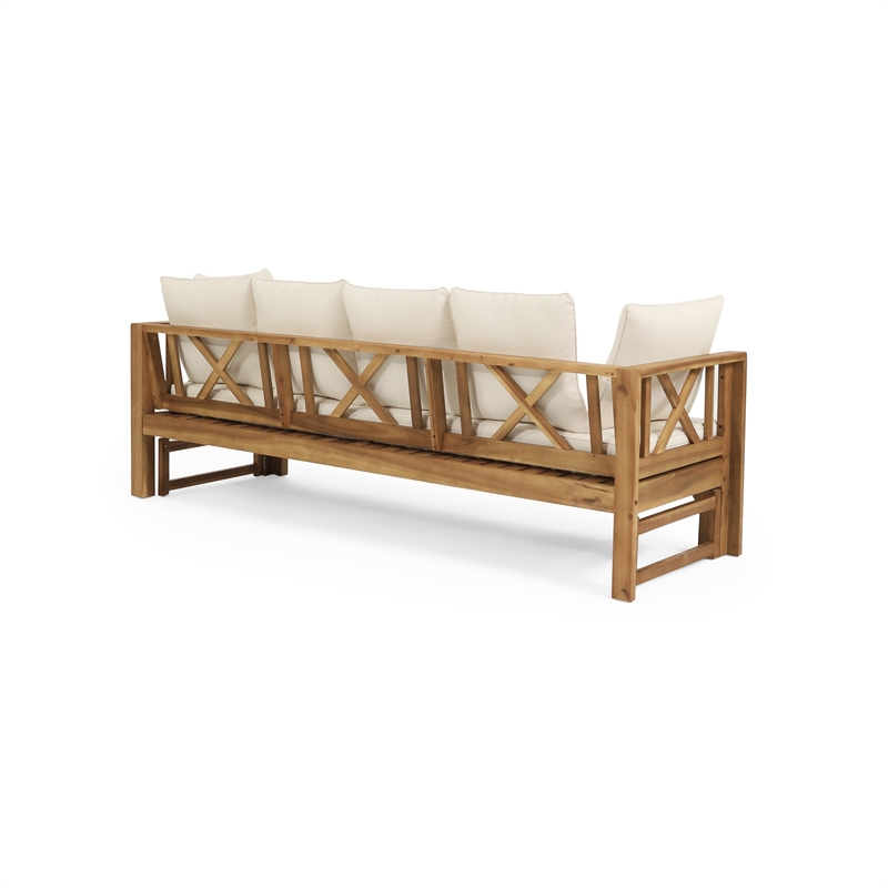 Benjara Outdoor Daybed Sofa- 79 Inch- Brown Acacia Wood Frame- Cream Cushions