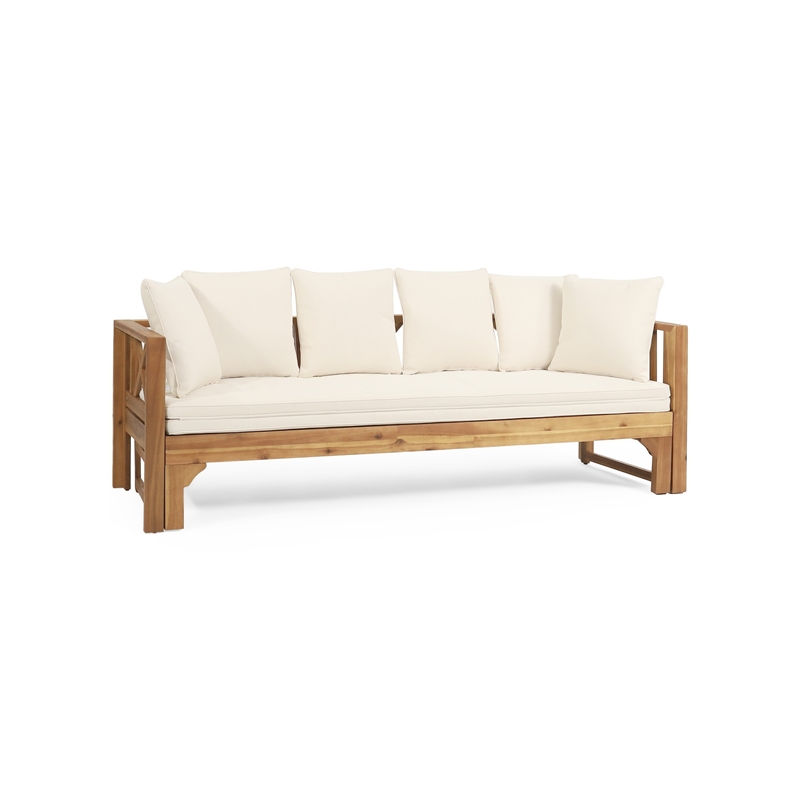 Benjara Outdoor Daybed Sofa- 79 Inch- Brown Acacia Wood Frame- Cream Cushions