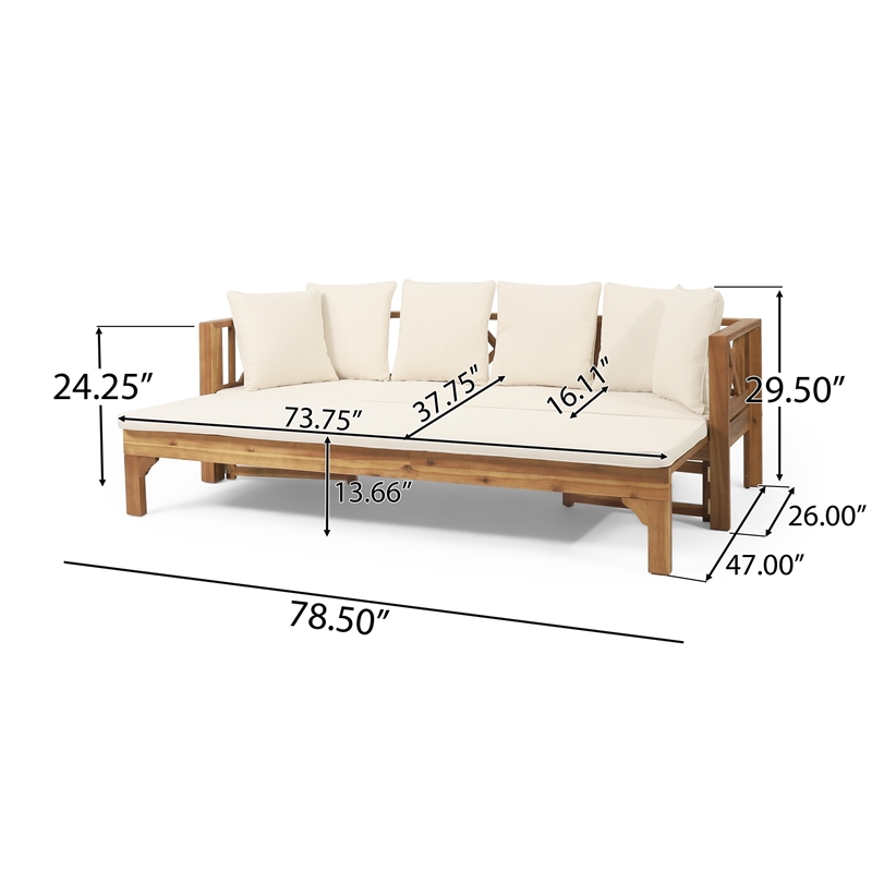 Benjara Outdoor Daybed Sofa- 79 Inch- Brown Acacia Wood Frame- Cream Cushions