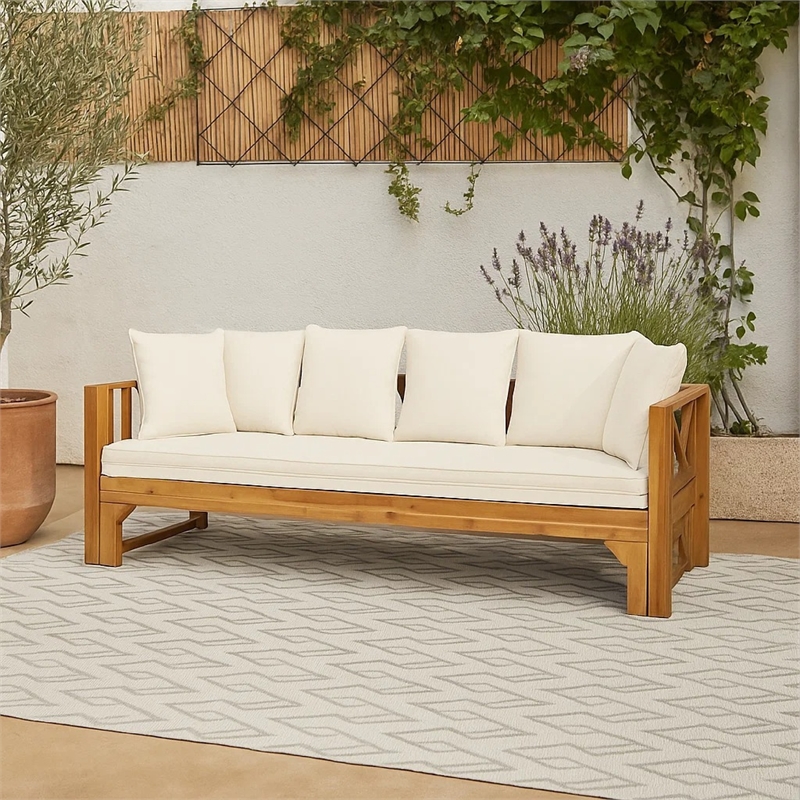 Benjara Outdoor Daybed Sofa- 79 Inch- Brown Acacia Wood Frame- Cream Cushions