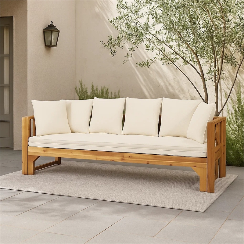 Benjara Outdoor Daybed Sofa- 79 Inch- Brown Acacia Wood Frame- Cream Cushions