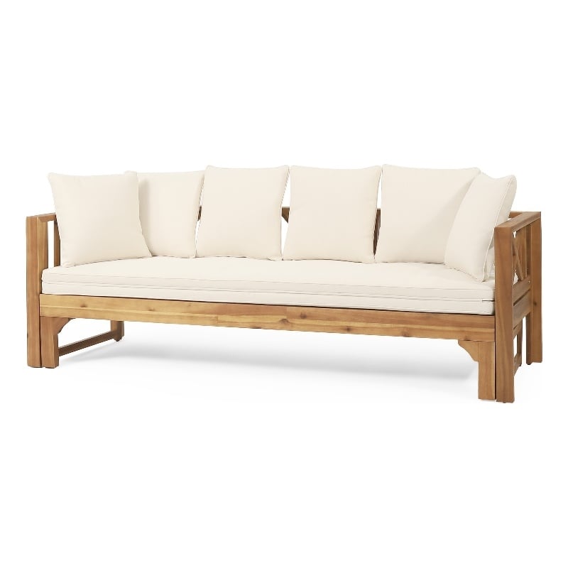 Benjara Outdoor Daybed Sofa- 79 Inch- Brown Acacia Wood Frame- Cream Cushions