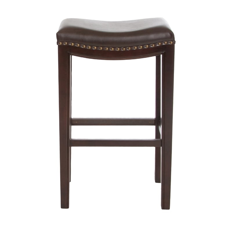 Benjara Bar Height Stool Set of 2- Backless Design- Brown Faux Leather Seat