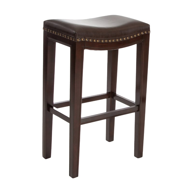 Benjara Bar Height Stool Set of 2- Backless Design- Brown Faux Leather Seat