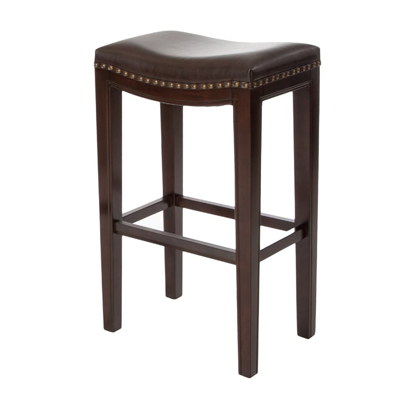 Benjara Bar Height Stool Set of 2- Backless Design- Brown Faux Leather Seat