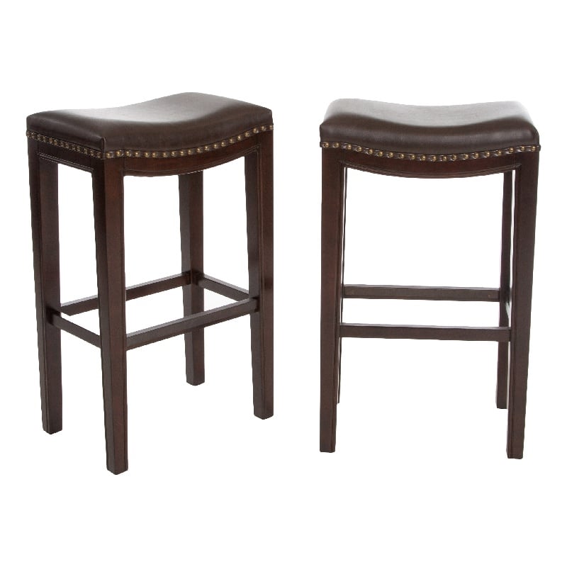 Benjara Bar Height Stool Set of 2- Backless Design- Brown Faux Leather Seat