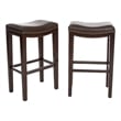 Benjara Bar Height Stool Set of 2- Backless Design- Brown Faux Leather Seat