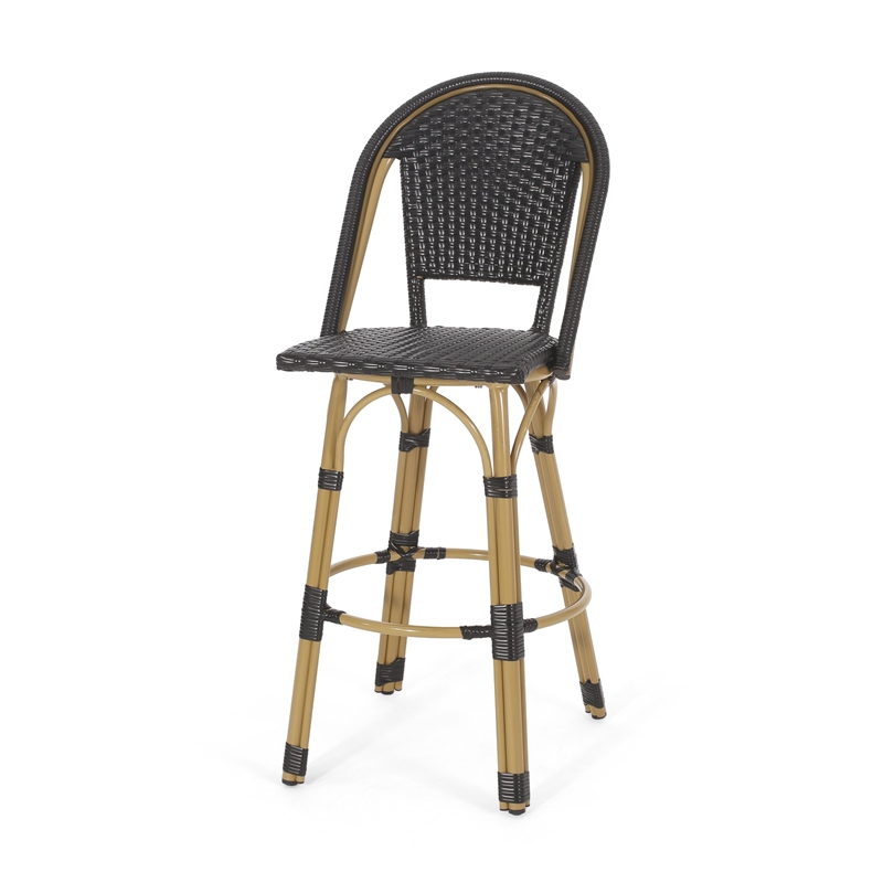 Benjara Gomy Outdoor Barstool Chair Set of 2- Black Wicker- Brown Aluminum