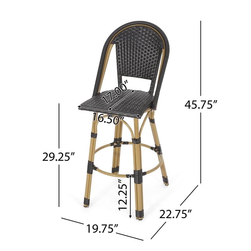 Benjara Gomy Outdoor Barstool Chair Set of 2- Black Wicker- Brown Aluminum