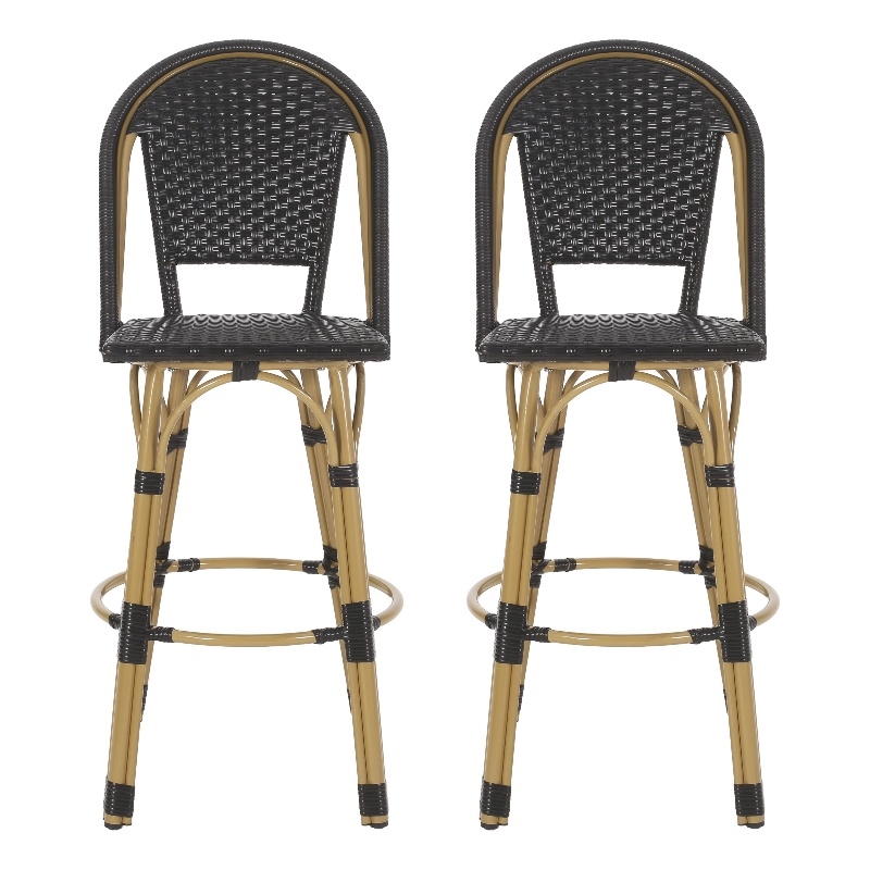 Benjara Gomy Outdoor Barstool Chair Set of 2- Black Wicker- Brown Aluminum