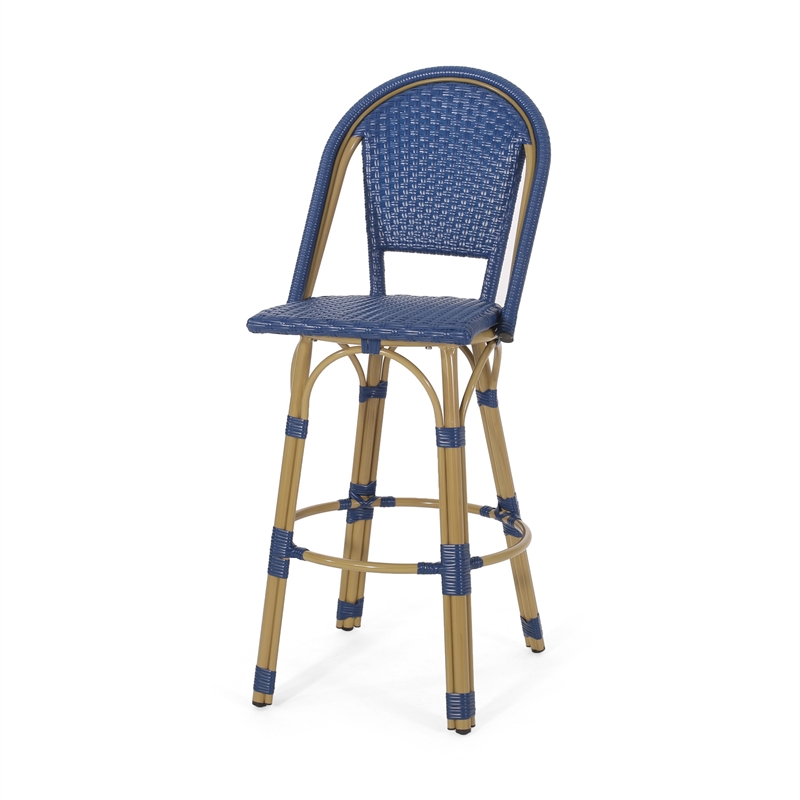 Benjara Gomy Outdoor Barstool Char Set of 2- Blue Wicker Woven- Brown Aluminum