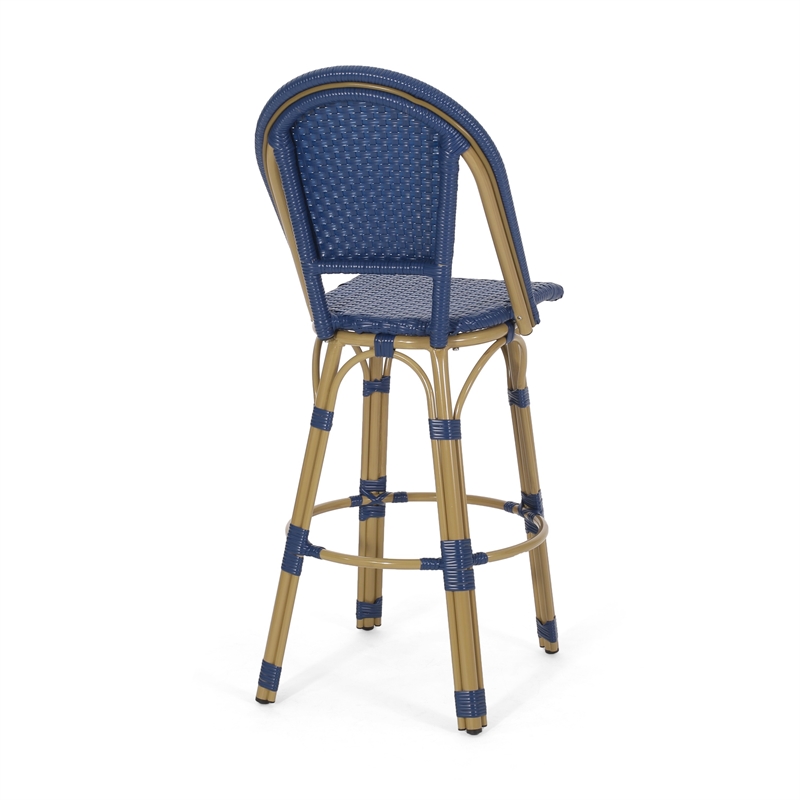 Benjara Gomy Outdoor Barstool Char Set of 2- Blue Wicker Woven- Brown Aluminum