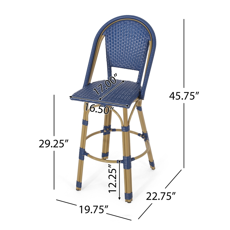 Benjara Gomy Outdoor Barstool Char Set of 2- Blue Wicker Woven- Brown Aluminum