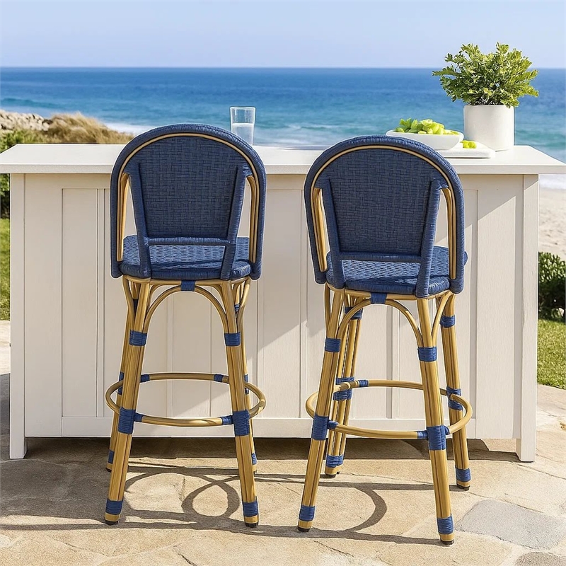Benjara Gomy Outdoor Barstool Char Set of 2- Blue Wicker Woven- Brown Aluminum