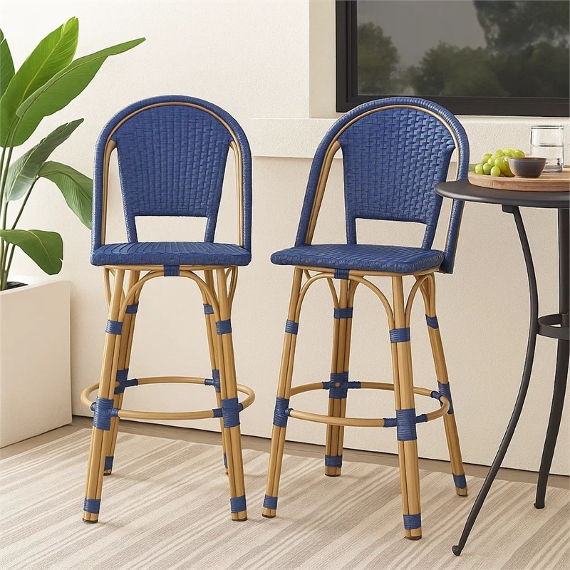 Benjara Gomy Outdoor Barstool Char Set of 2- Blue Wicker Woven- Brown Aluminum