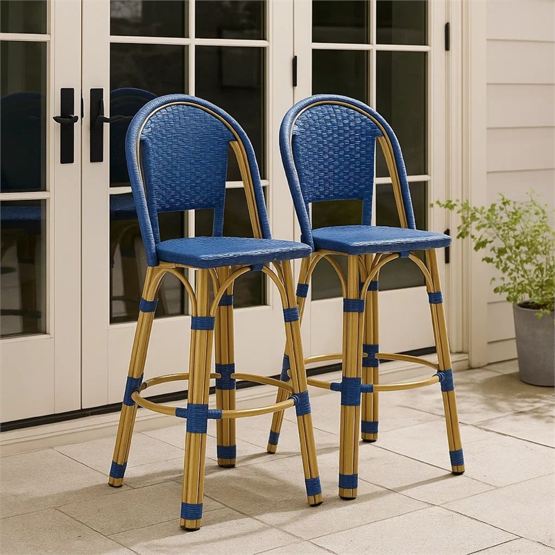 Benjara Gomy Outdoor Barstool Char Set of 2- Blue Wicker Woven- Brown Aluminum