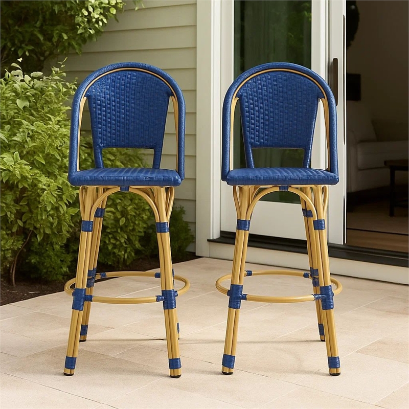 Benjara Gomy Outdoor Barstool Char Set of 2- Blue Wicker Woven- Brown Aluminum
