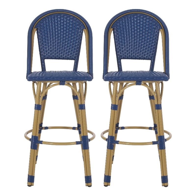 Benjara Gomy Outdoor Barstool Char Set of 2- Blue Wicker Woven- Brown Aluminum