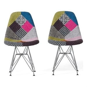 Benjara Accent Chair Set of 2- Multicolor Pink Patchwork w Eiffel Metal Base
